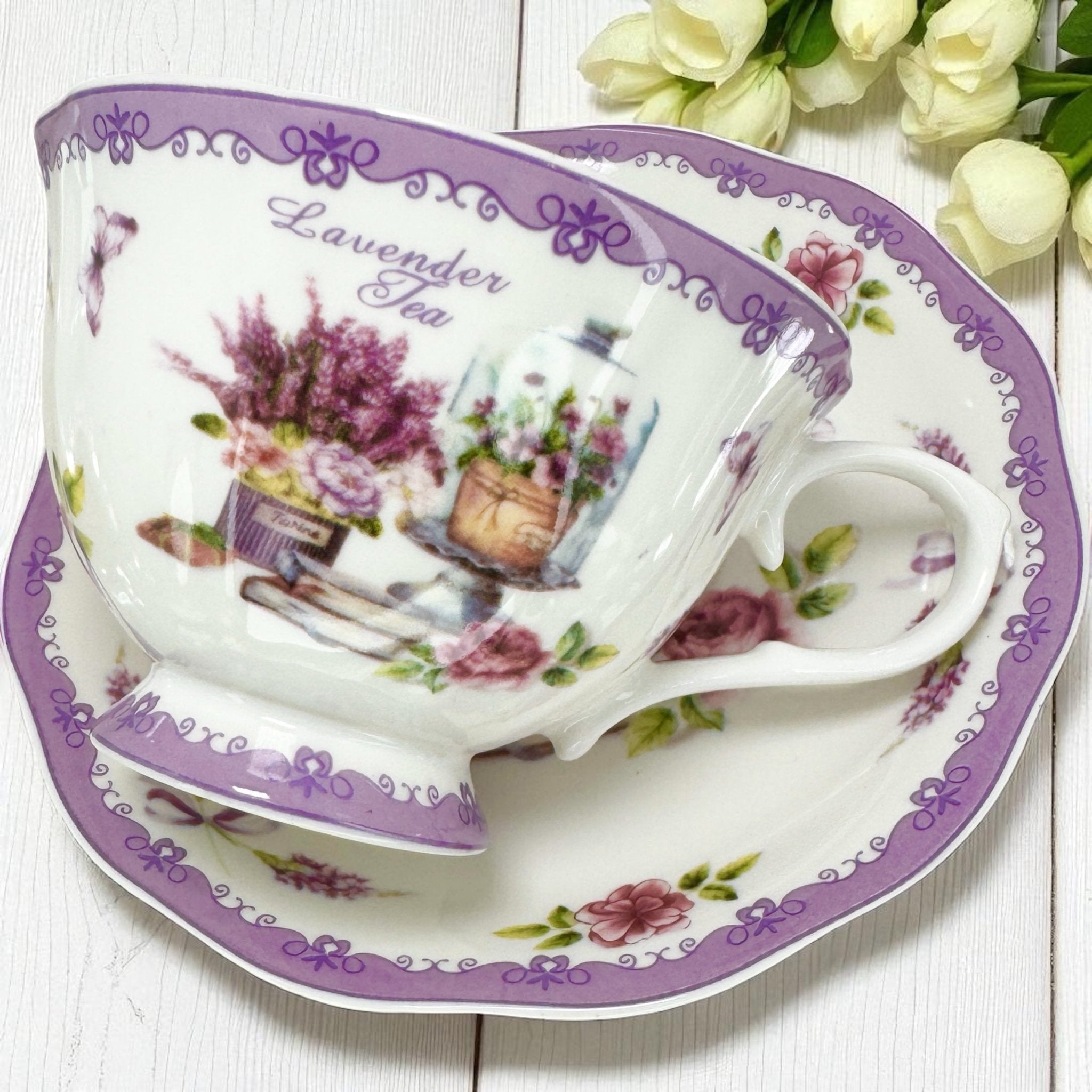 The lavender Fortune Teller teacup set packed securely for shipping.