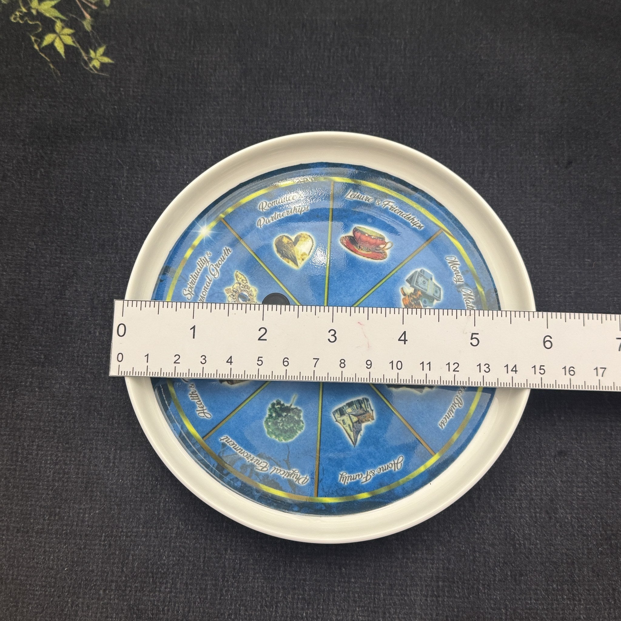 Life Wheel plate spinner measured with a ruler showing its 6 inch (15cm) diameter