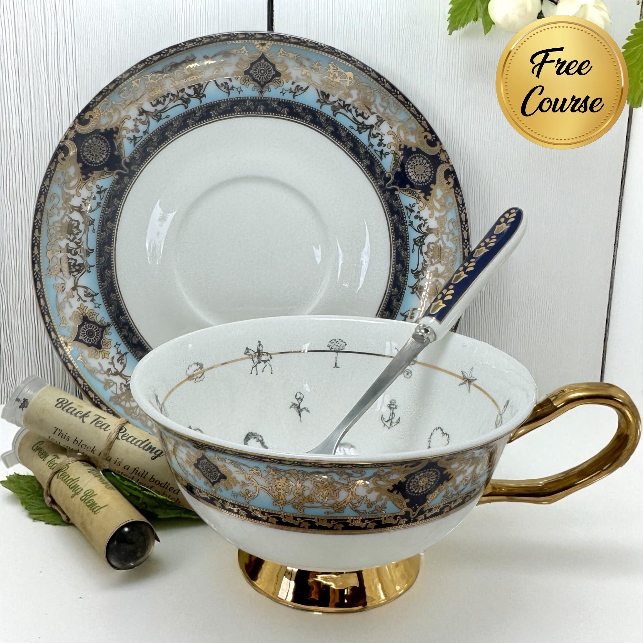 Luxury blue and gold Persian style teacup and saucer set with matching teaspoon, designed for tea leaf reading.
