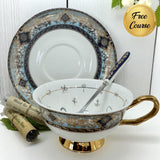 Luxury blue and gold Persian style teacup and saucer set with matching teaspoon, designed for tea leaf reading.