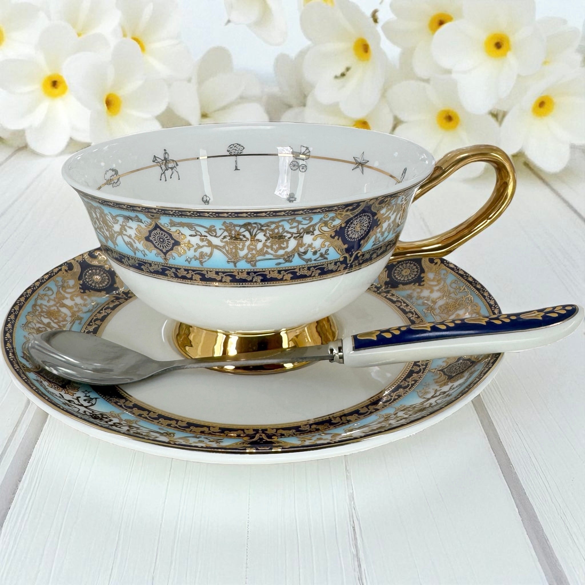 Stylised image of the luxury ceramic Persian tea set arranged for a spiritual reading.