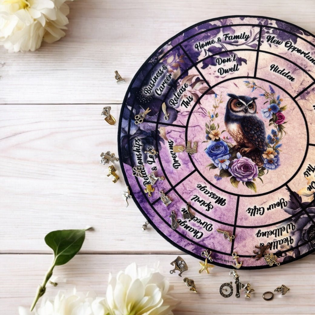 Luxury Velvet Owl Charm Casting Mat with charms spread across reading sections