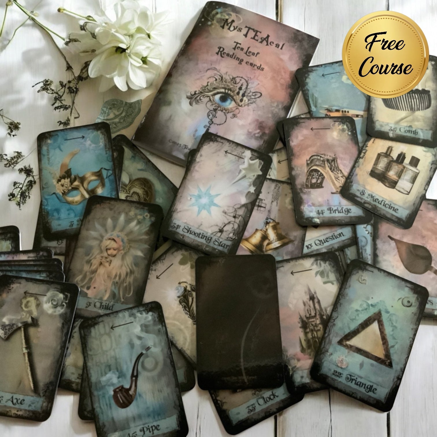 Tea leaf reading card deck with 45 high-gloss, 300gsm cards featuring unique symbols, a symbol dictionary, and a gold teaspoon, presented in a cotton drawstring bag