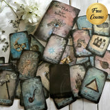 Tea leaf reading card deck with 45 high-gloss, 300gsm cards featuring unique symbols, a symbol dictionary, and a gold teaspoon, presented in a cotton drawstring bag