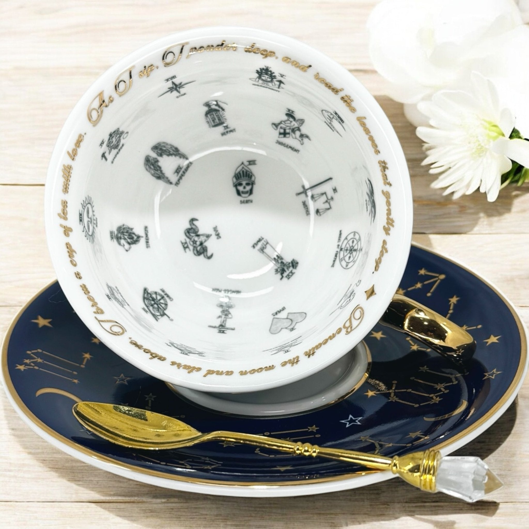 Limited Edition Navy Blue Tarot Tea cup and saucer set. Astrology teacup 22 major arcana. Real 24kt gold. Tea reading kit with FREE course.