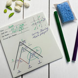 Reusable ceramic numerology tile with permanently fired-in numbers and symbols, supplied with two colorful pens and a cleaning sponge, designed for easy practice and revision in numerology