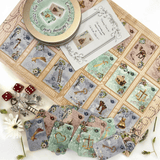 Charming Curiosi-tea forecasting system. This is a full divination system all in one travel kit tin.  It has washable spandex mat and 18 cards and 18 charms and 3 dice.