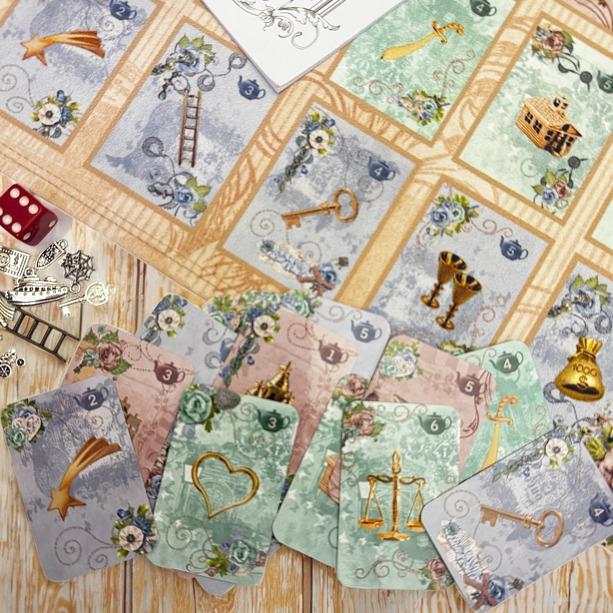 This is a full divination system all in one travel kit tin.  It has washable spandex mat and 18 cards and 18 charms and 3 dice.