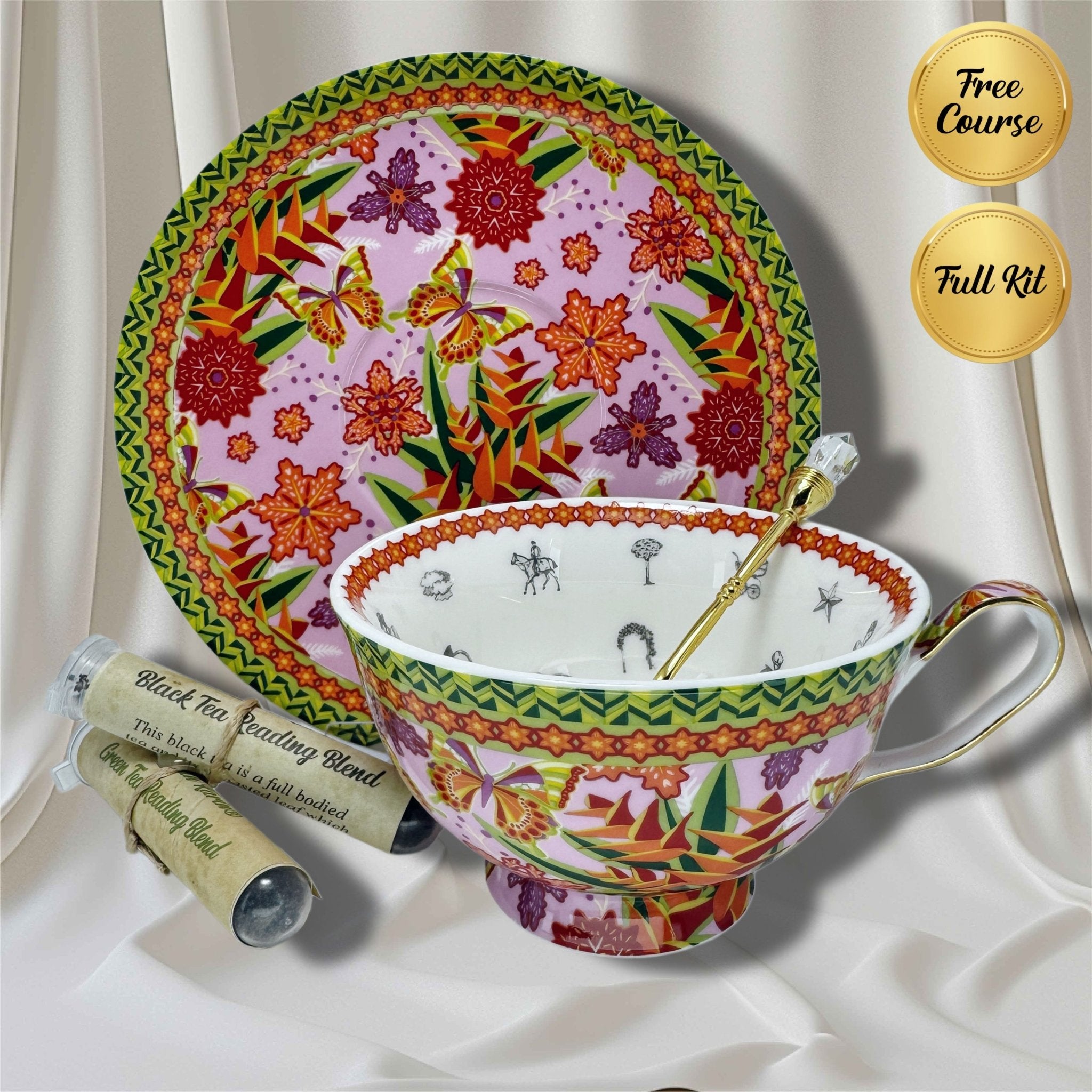 Tasseography teacup set with saucer, gold spoon, and two samples of tea reading blend.