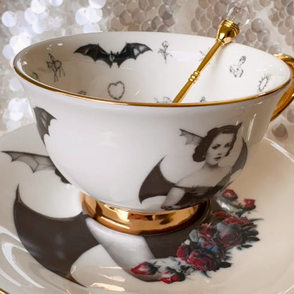 Bat Lady 6 Teacup and saucer set. Learn tea leaf reading the easy way. FREE online course. Halloween Teacup.