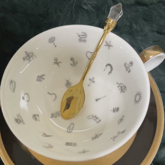 Black embossed gold tea cup and saucer set. Teacup and saucer set. FREE course Tea leaf reading.