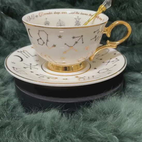 White Tarot Tea cup and saucer set. Astrology teacup with Tarot suits. Real 24kt gold. FREE Teacup course. Full tea leaf reading kit.