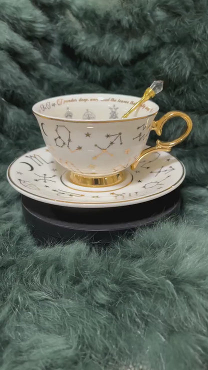 White Tarot Tea cup and saucer set. Astrology teacup with Tarot suits. Real 24kt gold. FREE Teacup course. Full tea leaf reading kit.