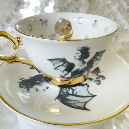 Bat Lady 1 Teacup and saucer set. Learn tea leaf reading the easy way. FREE online course. Halloween Teacup.