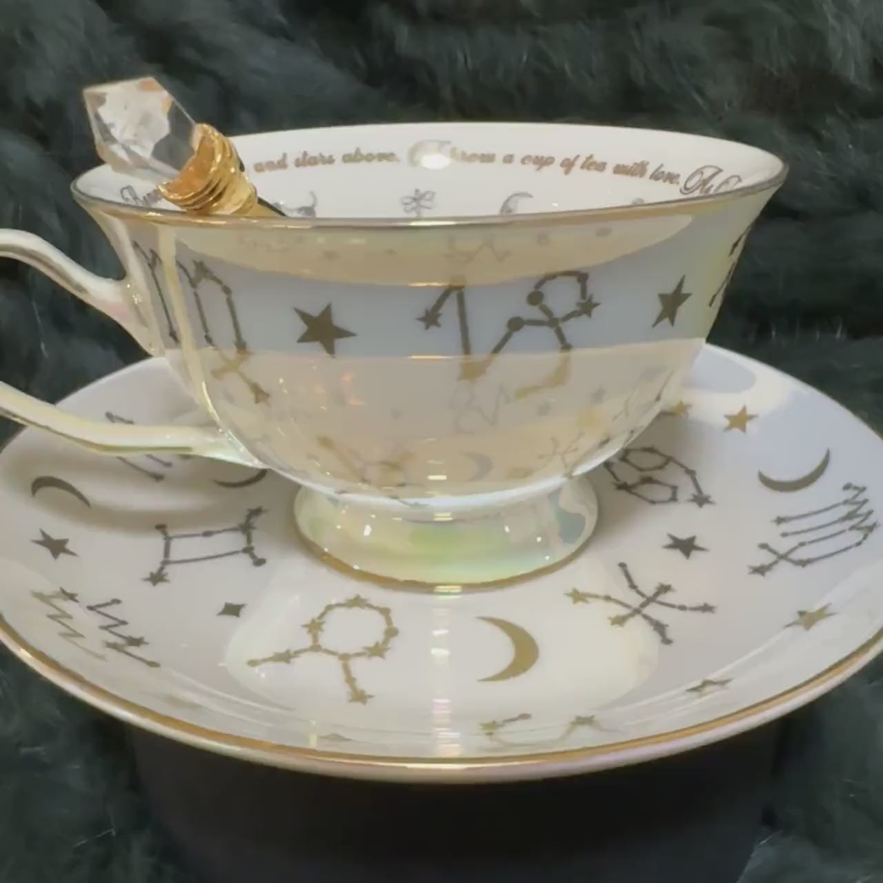 White Gold Lustre Tea cup and saucer set. Perfect gift. Astrology teacup real 24kt gold. Vintage style tea set.