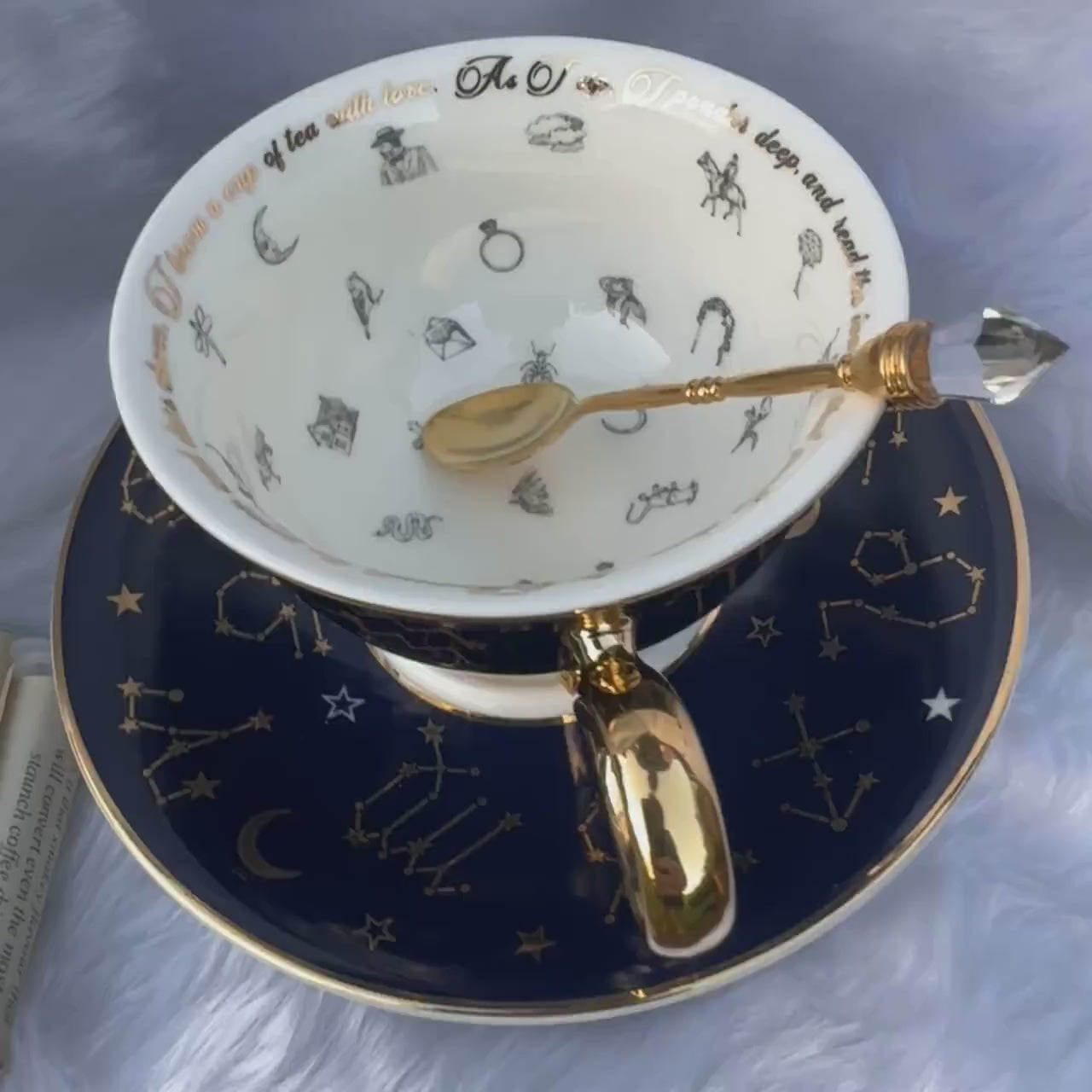 Navy Blue Tea cup and saucer set. Perfect gift. Astrology teacup real 24kt gold. FREE Teacup reading course. Full tea leaf reading kit.