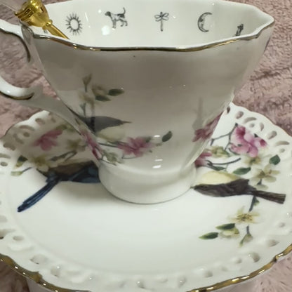 Blue Birds tea leaf reading teacup set. Fortune teller tea set. Tea Leaf Reading. Tarot Alternative.