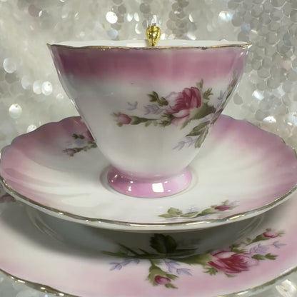 Vintage Roses tea cup and saucer set. Teacup trio set. FREE online course learn to read fortune teller tea cups.