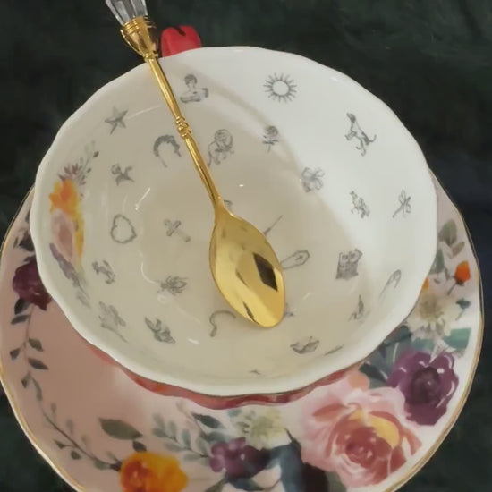 Red Floral cup. Learn tea leaf reading, original Lenormand teacup. Porcelain tea cup saucer. Fortune telling. Free course Spiritual guidance
