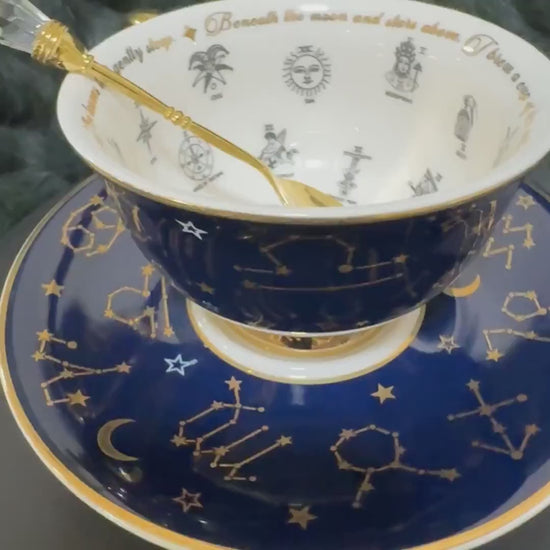 Navy Blue Tarot Tea cup and saucer set. Astrology teacup with Tarot suits. Real 24kt gold. FREE Teacup course. Full tea leaf reading kit.