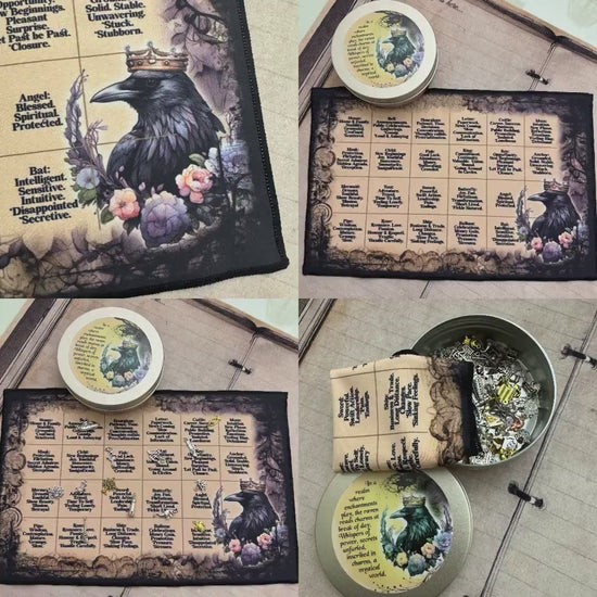 Raven King casting mat use with charms, runes, coins | Divination mat | Fortune telling | Tin included | Witchy | Mystical Gift