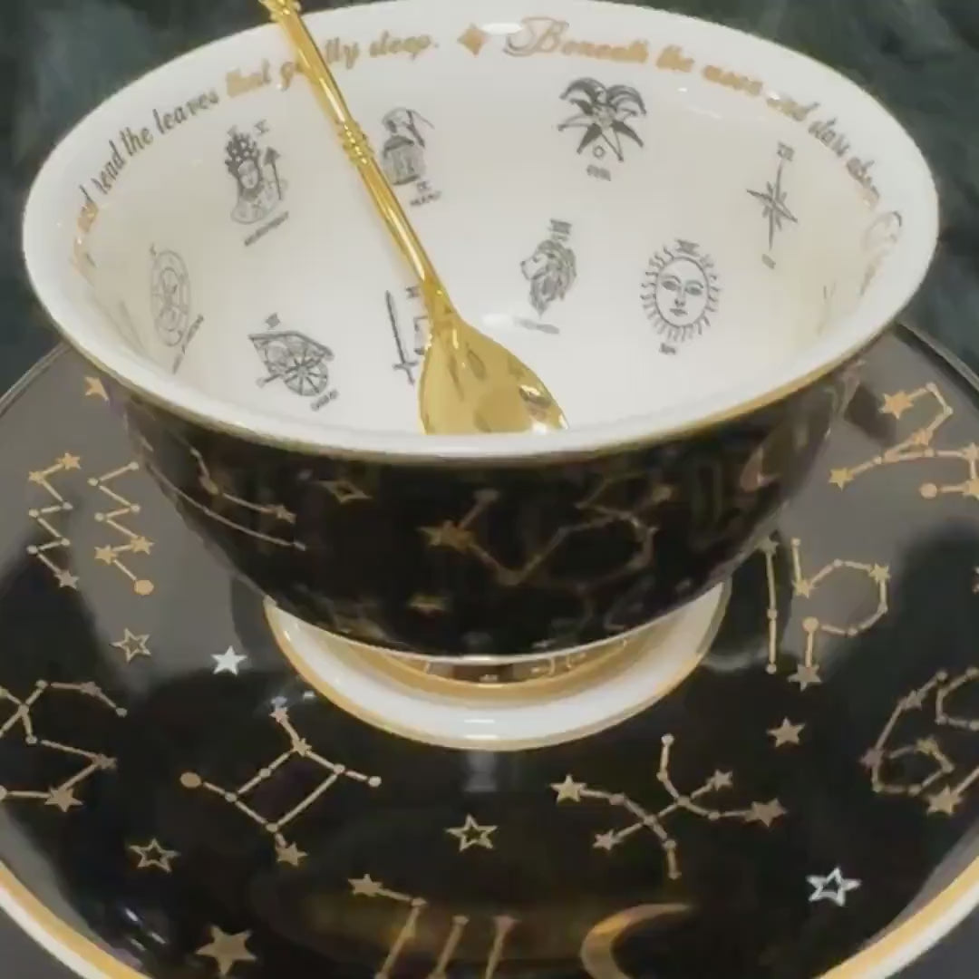 Black Tarot Tea cup and saucer set. Astrology teacup with Tarot suits. Real 24kt gold. FREE Teacup course. Full tea leaf reading kit.