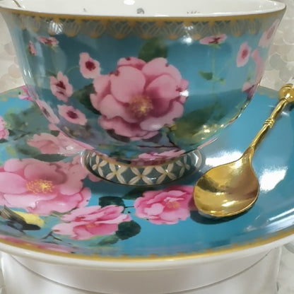 Blue Wren. Blue Bird. Aqua Tea Leaf Reading Teacup Set + Free Course