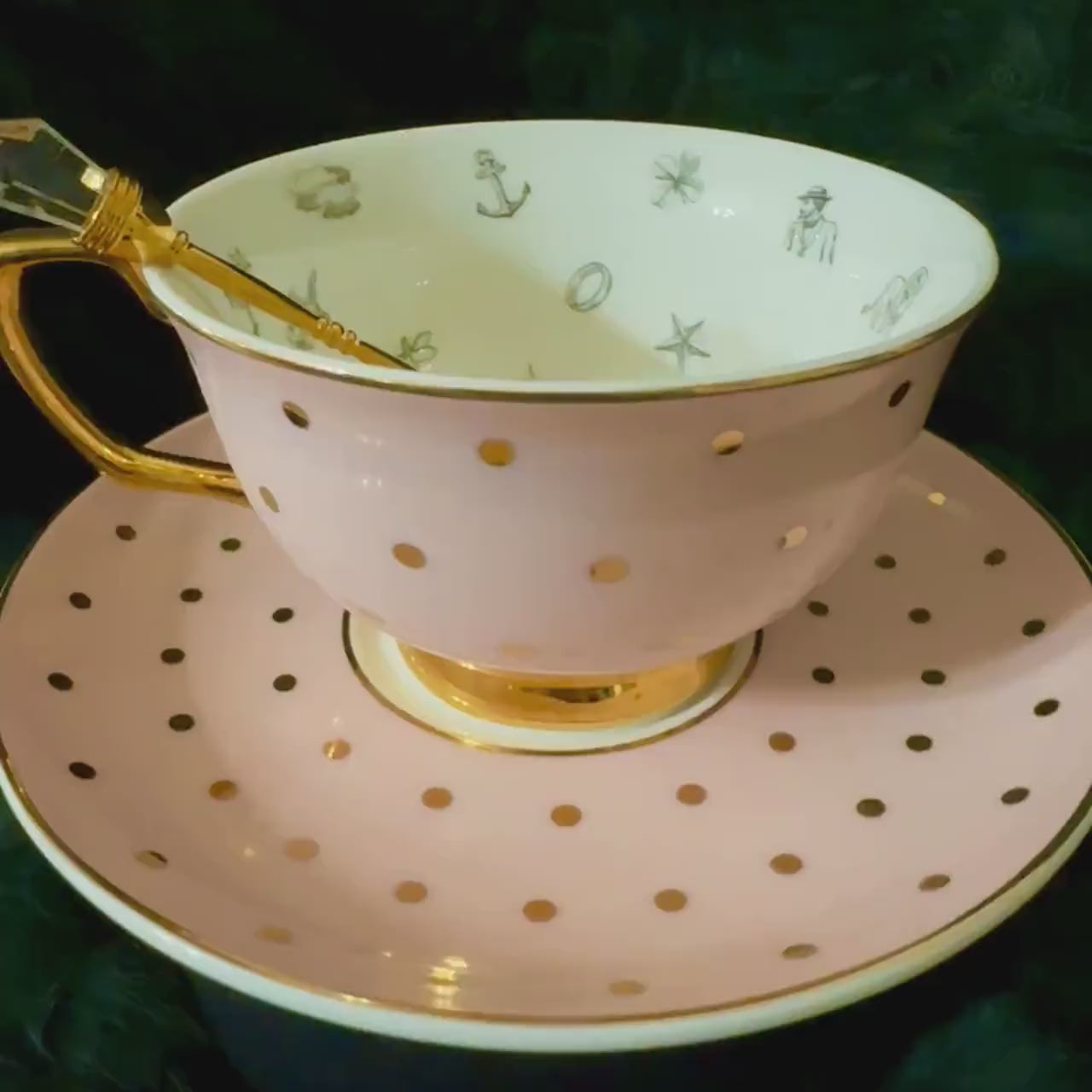 Pale pink and gold polka dot Tea cup and saucer set. Fortune teller teacup. Tea leaf reading kit with FREE course.