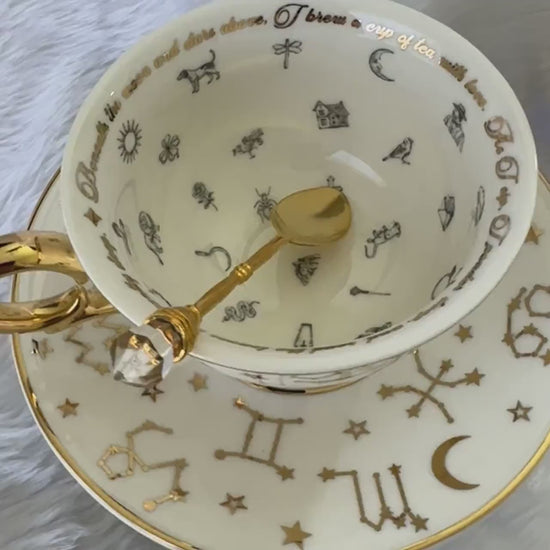 White Tea cup and saucer set. Perfect gift. Astrology teacup real 24kt gold. FREE Teacup reading course. Full tea leaf reading kit.