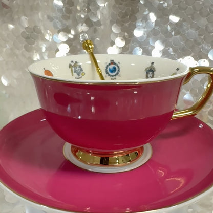 Hot Pink Tea cup and saucer set. 22 Major Arcana Tarot Symbols. Tea leaf reading kit with FREE course.