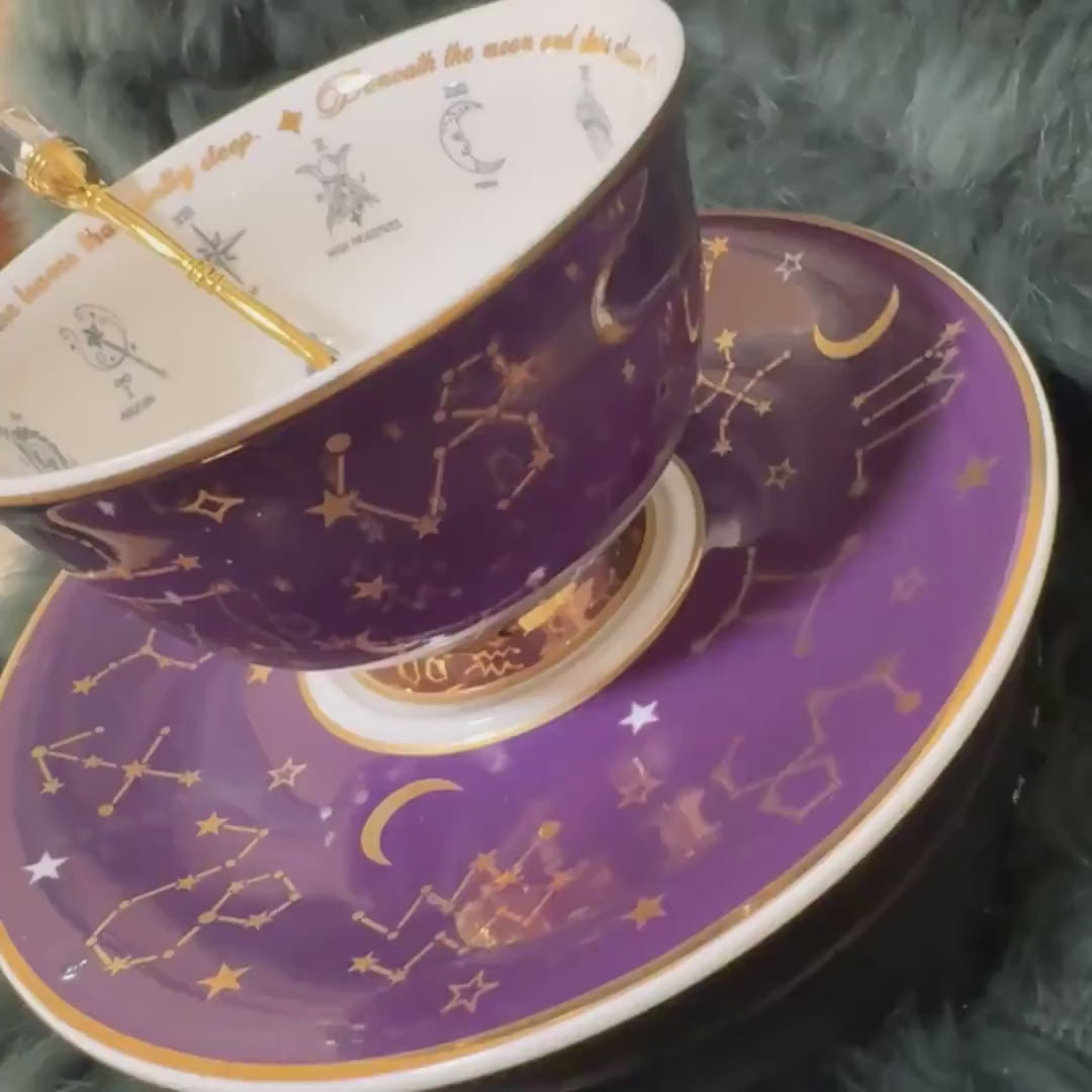 Purple Tarot Tea cup and saucer set. Astrology teacup with Tarot suits. Real 24kt gold. FREE Teacup course. Full tea leaf reading kit.