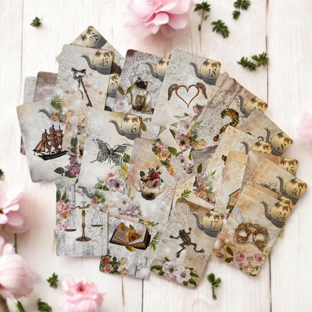 Royal tea leaf reading cards in delicate soft pink floral tones, sized 57mm x 89mm (2.25” x 3.5”). Luxurious vintage-inspired design with intricate botanical details—perfect for elegant divination, intuitive readings, or as a gift for tea lovers and collectors of mystical decks."*