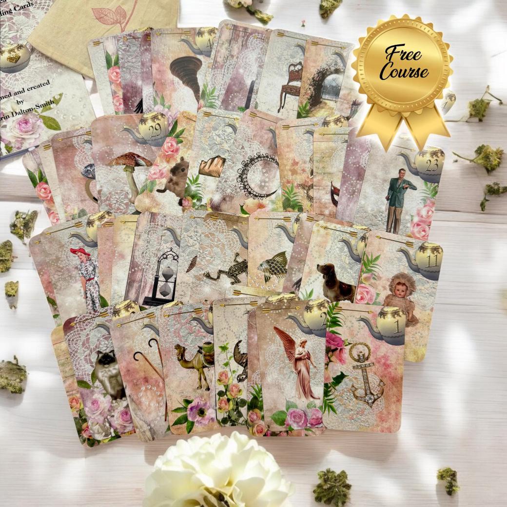 Royal tea leaf reading cards in delicate soft pink floral tones, sized 57mm x 89mm (2.25” x 3.5”). Luxurious vintage-inspired design with intricate botanical details—perfect for elegant divination, intuitive readings, or as a gift for tea lovers and collectors of mystical decks.