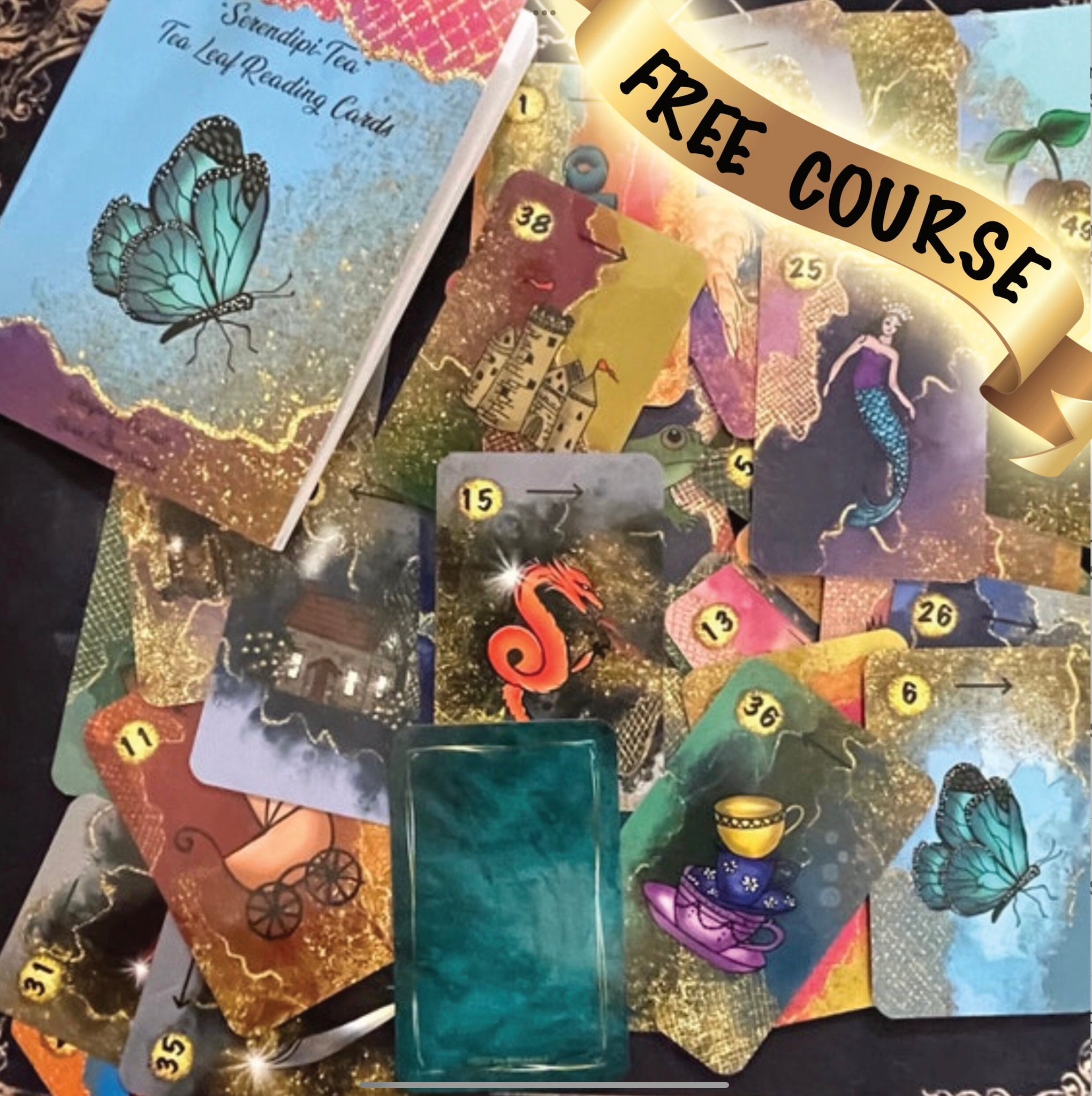 A beautiful 52-card tea leaf reading deck with vibrant watercolor-style illustrations, displayed alongside a soft cotton drawstring bag and a small gold teaspoon. 