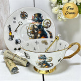 A teacup and saucer set featuring a steampunk-style cat with a gold spoon and two small tubes of tea, with a gold badge in the top-right corner that says "Free Course".