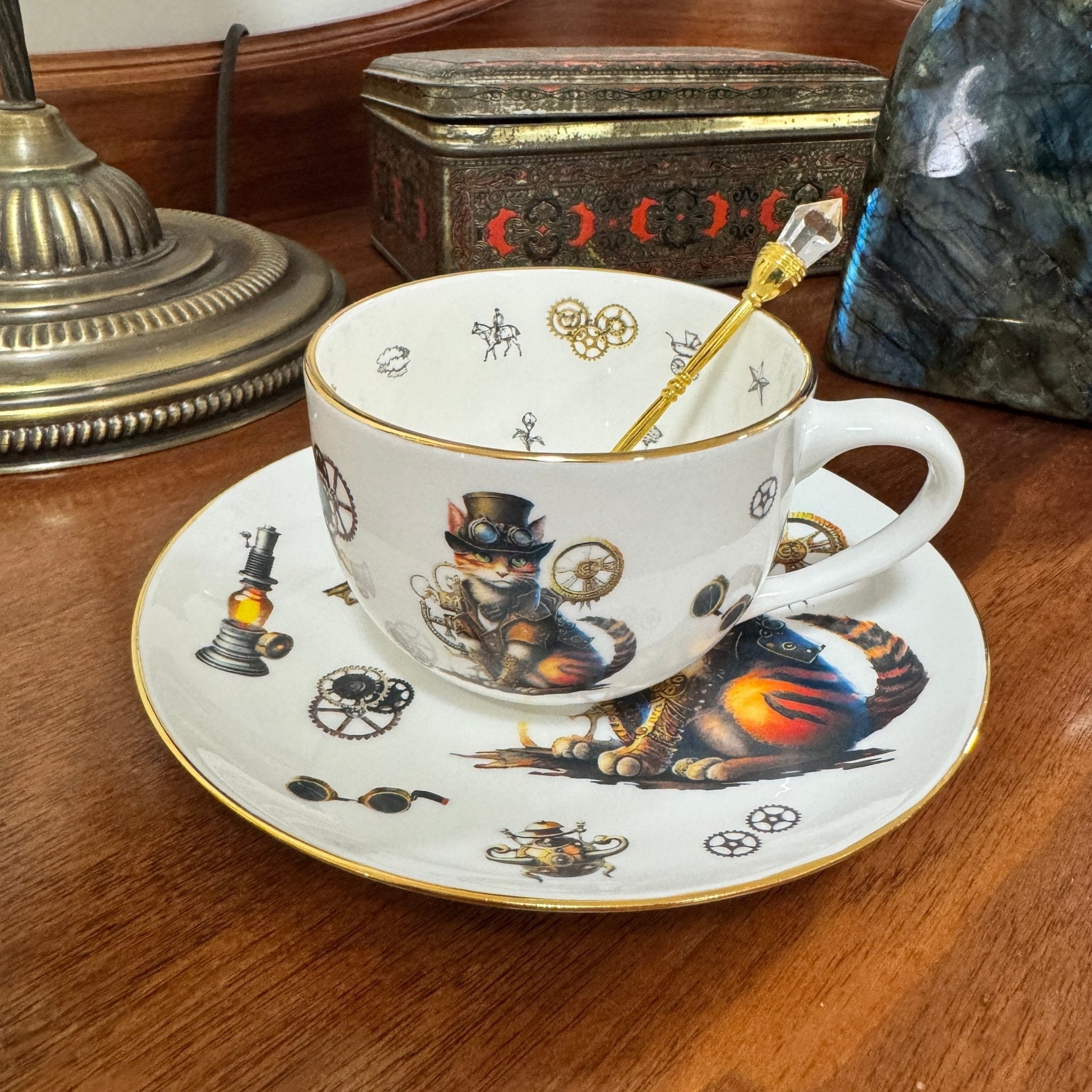 Fortune telling tea set with steampunk cat design