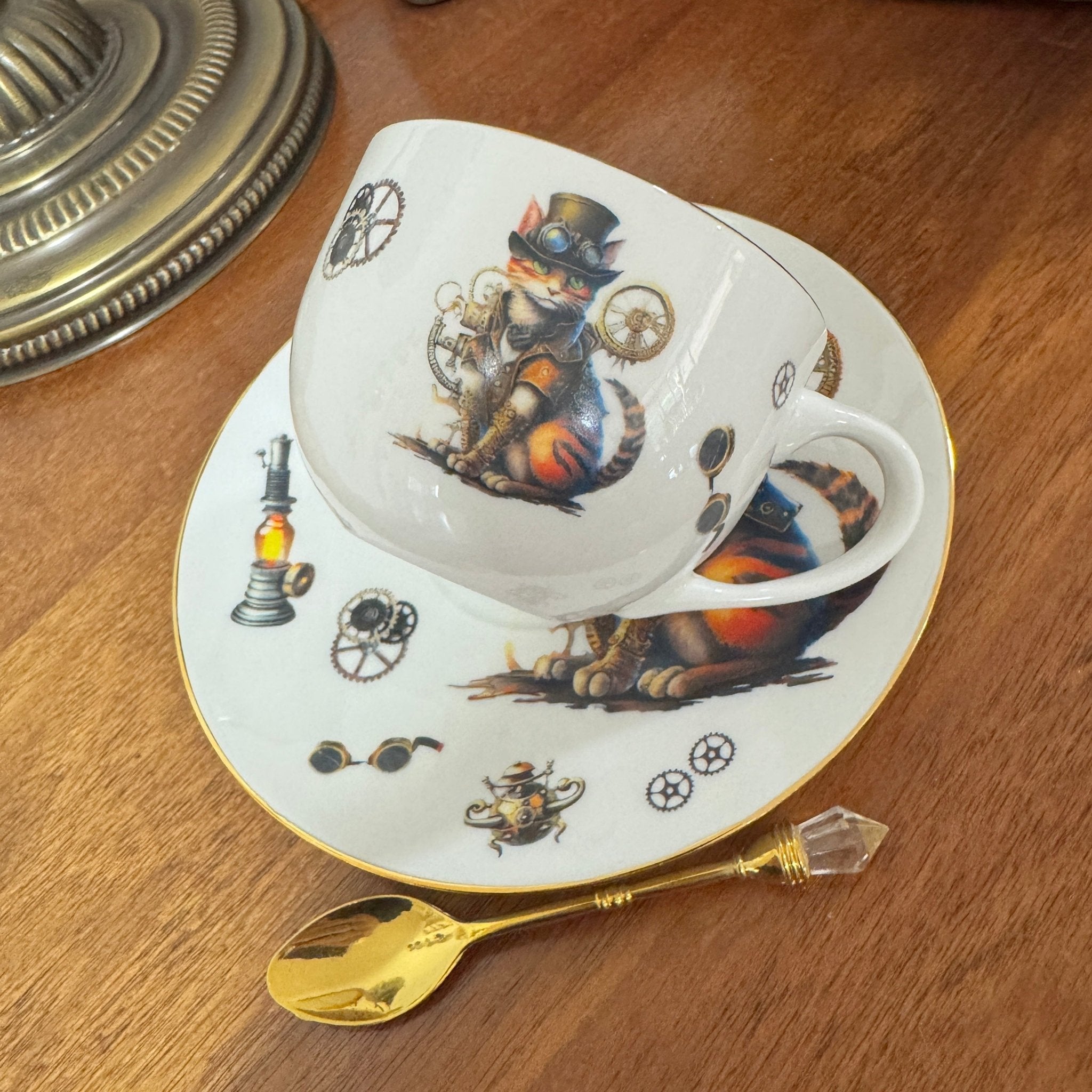 Right side view of steampunk cat teacup sitting on a wooden background