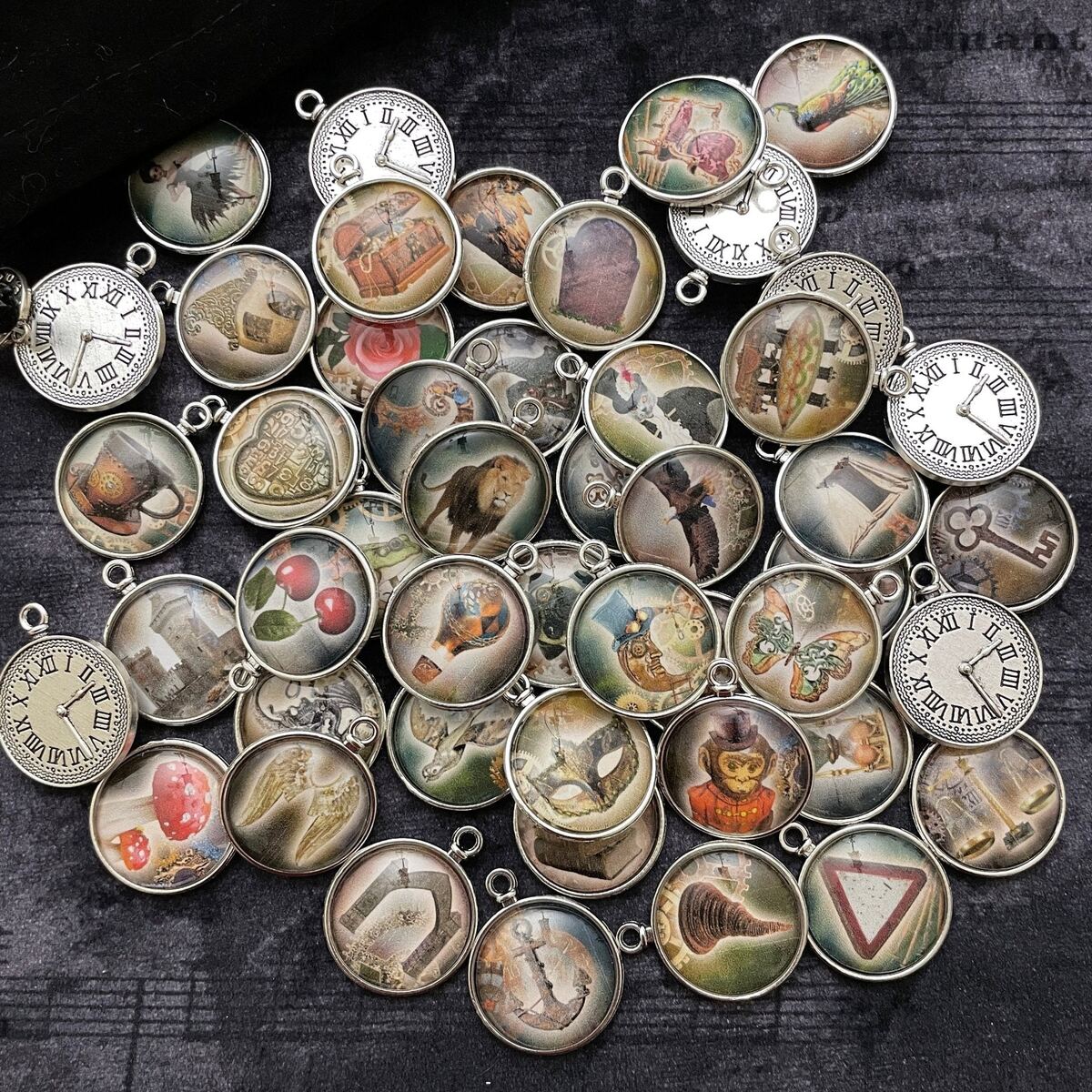 Steampunk tea leaf reading 3D divination coin set close-up