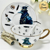 Tea cup and saucer set with decorative raven bird design on a white background