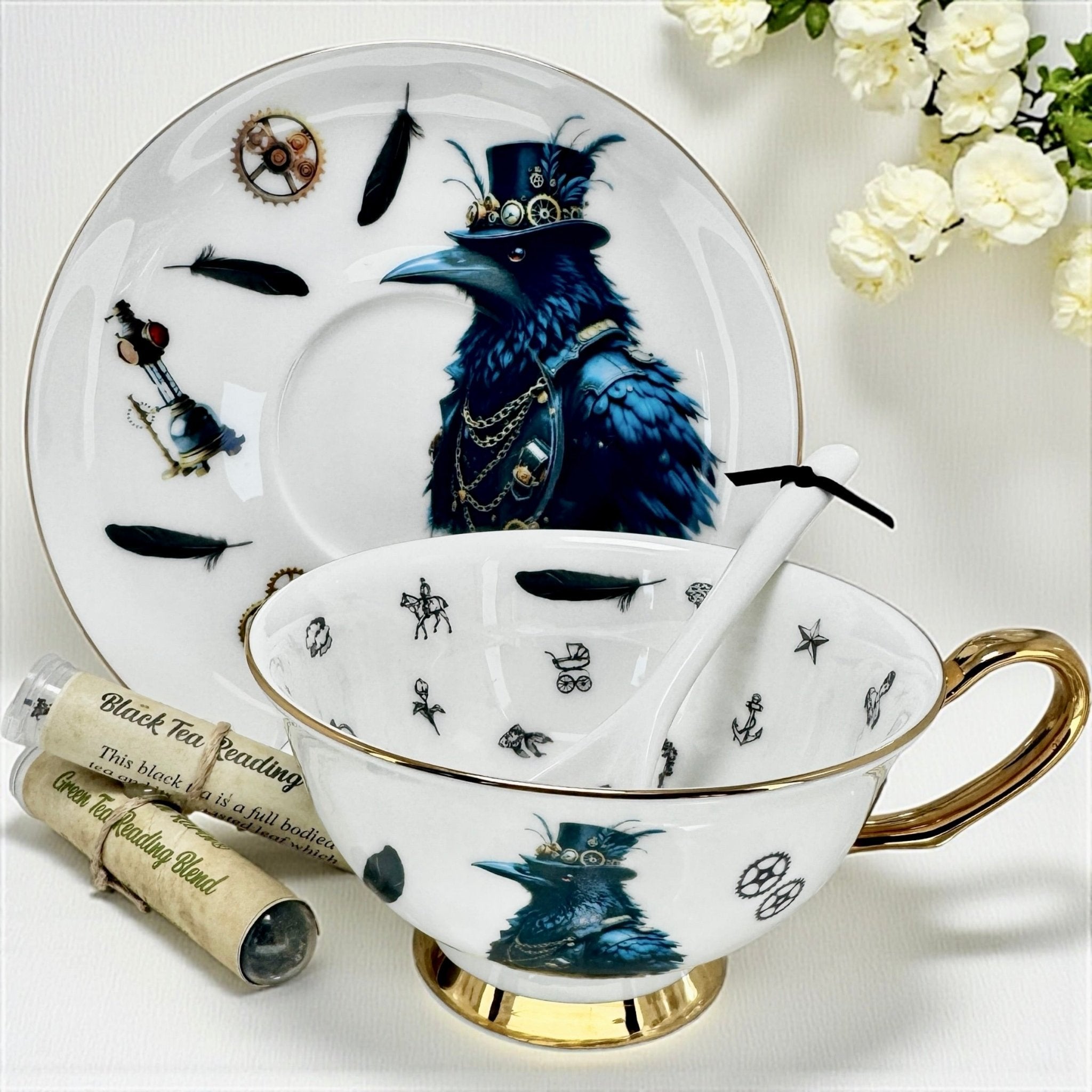 Porcelain plate decorated with a steampunk crow wearing a top hat, surrounded by gears, feathers, and clockwork motifs, with a matching spoon
