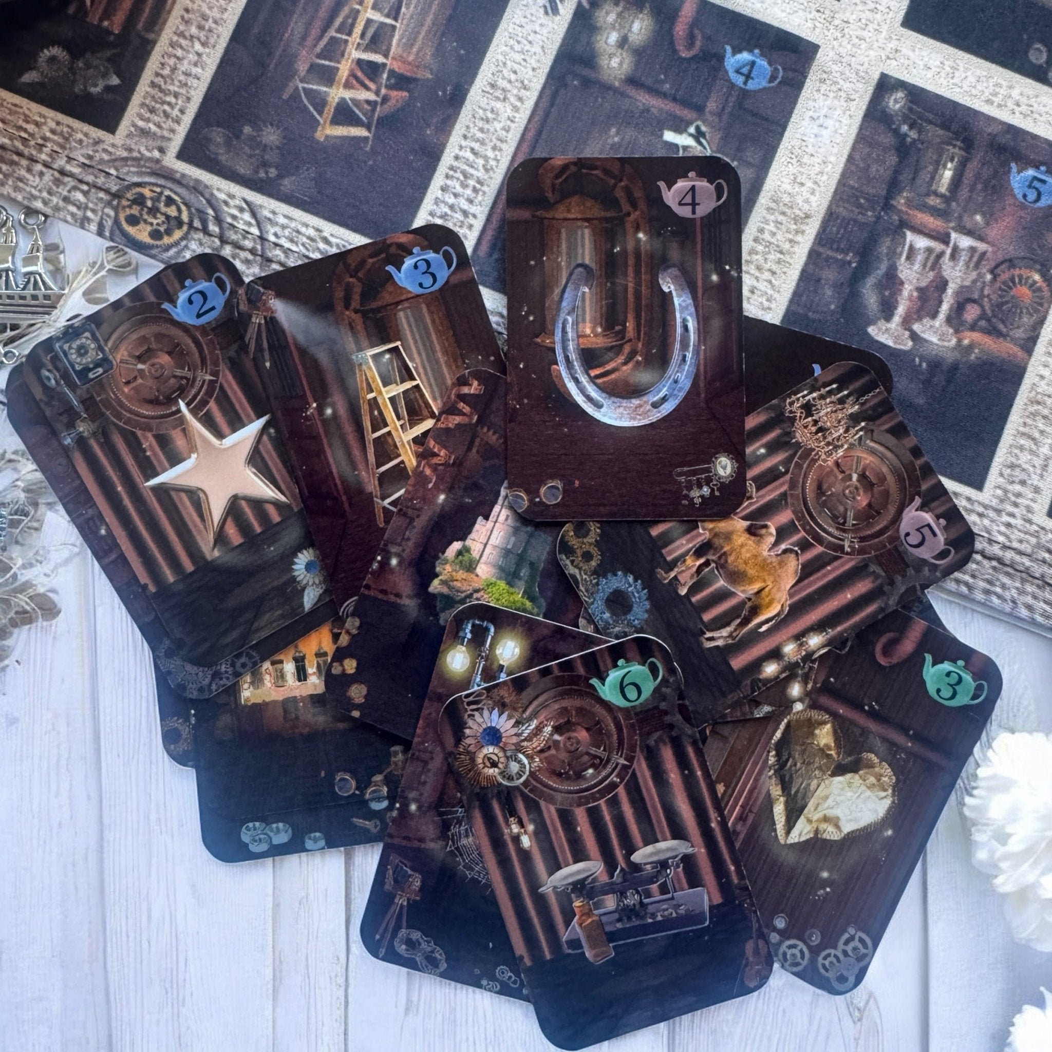 This is a complete divination tool kit all in one. Unique kit based on tea leaf reading symbols. Uses cards, dice, and charms for fortune telling your future. Much more simple than tarot card reading. Comes in tin perfect gift for friend Mom women.