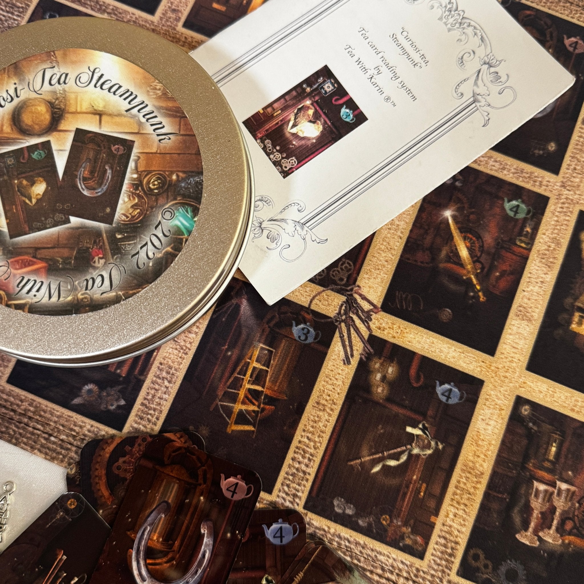 This is a complete divination tool kit all in one. Unique kit based on tea leaf reading symbols. Uses cards, dice, and charms for fortune telling your future. Much more simple than tarot card reading. Comes in tin perfect gift for friend Mom women.