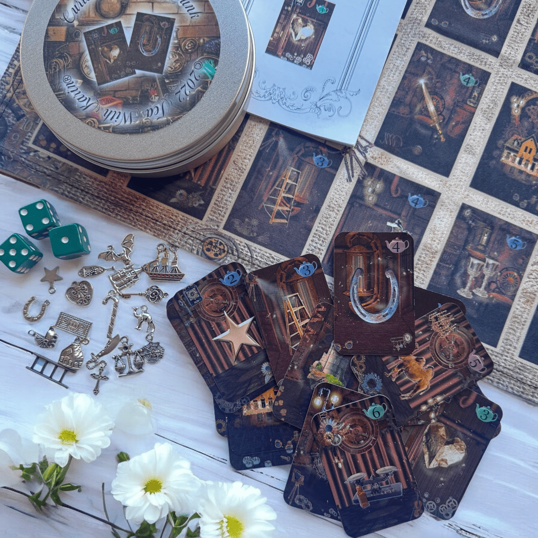 Set of 18 high-quality mini oracle-style cards with matching charms, stored in a gold tin, designed for direct questions and quick answers, perfect for portable divination and tea leaf reading.