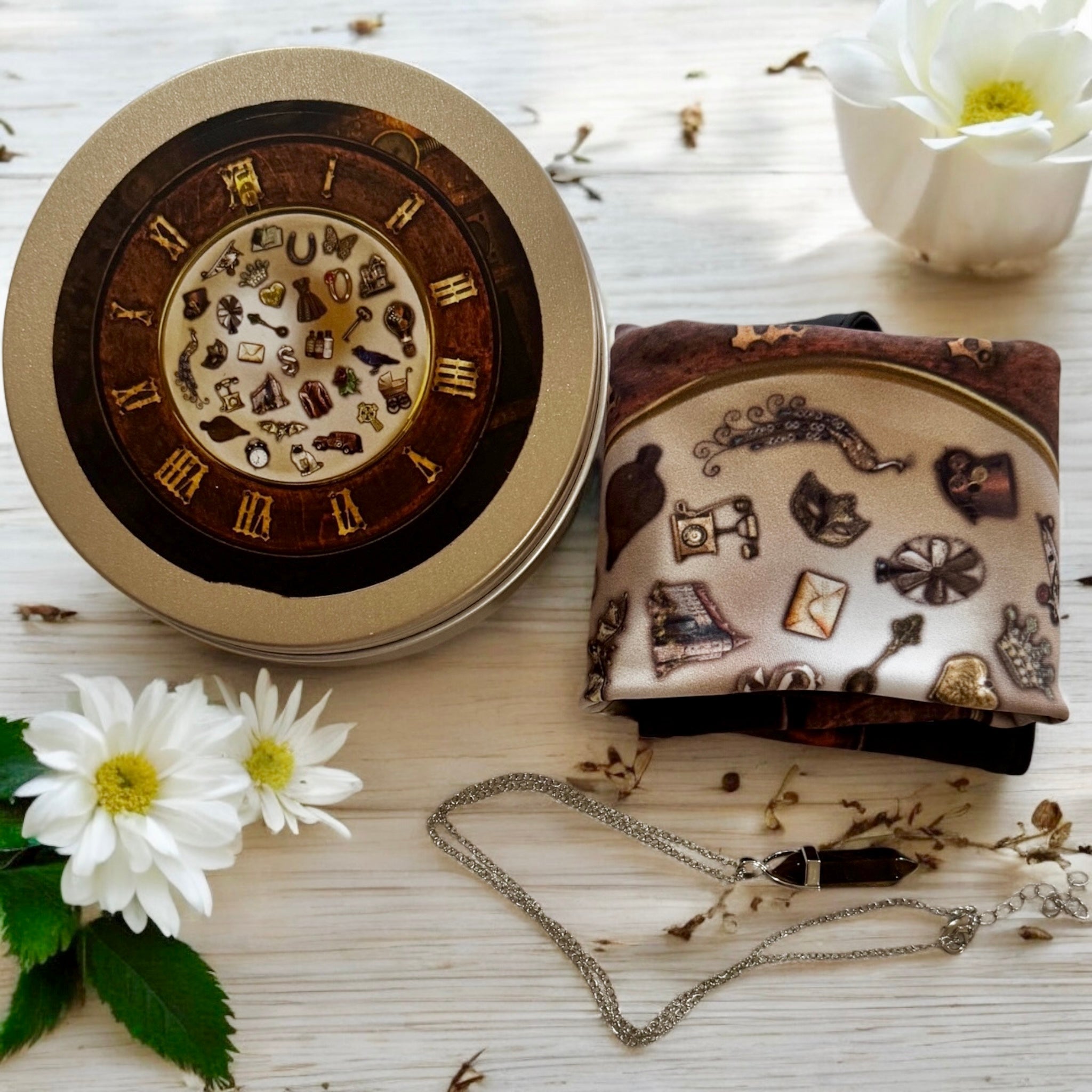 Reversible teacup mat for charm casting.  Washable spandex. Includes tigers eye pendulum and guidebook.