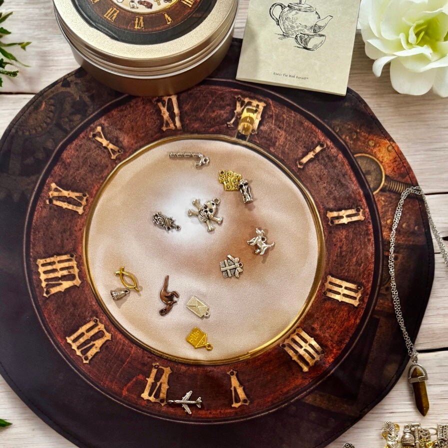 Reversible teacup mat for charm casting.  Washable spandex. Includes tigers eye pendulum and guidebook.