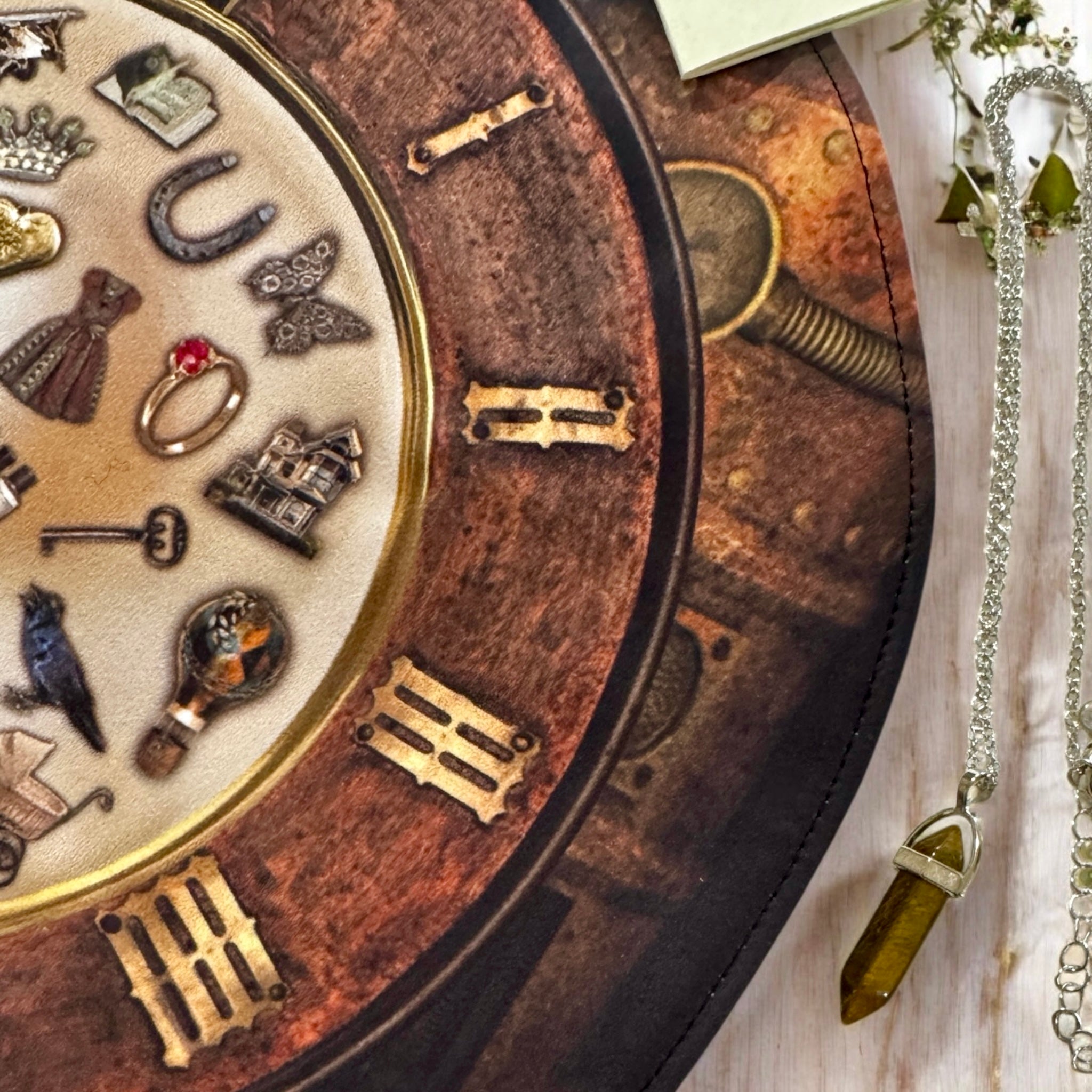 Reversible teacup mat for charm casting.  Washable spandex. Includes tigers eye pendulum and guidebook.