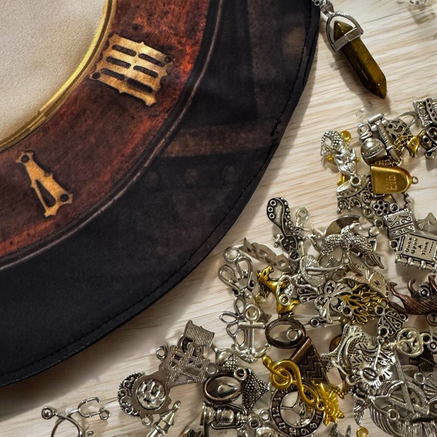 Reversible teacup mat for charm casting.  Washable spandex. Includes tigers eye pendulum and guidebook.