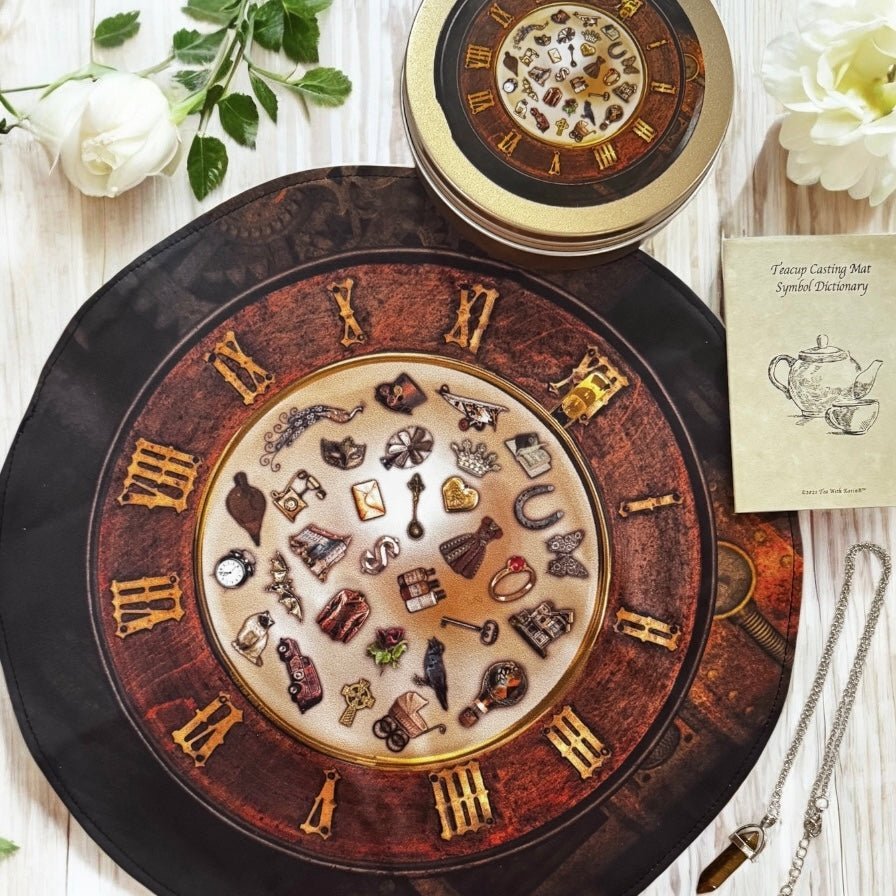 Reversible teacup mat for charm casting.  Washable spandex. Includes tigers eye pendulum and guidebook.