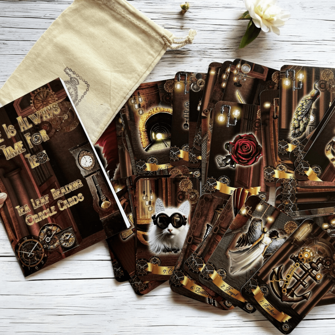 Steampunk Style. A beautifully designed deck titled "There is Always Time for Tea" with warm brown tones and subtle clock motifs, displayed alongside a soft cotton bag.  