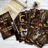 Steampunk Style. A beautifully designed deck titled "There is Always Time for Tea" with warm brown tones and subtle clock motifs, displayed alongside a soft cotton bag.  